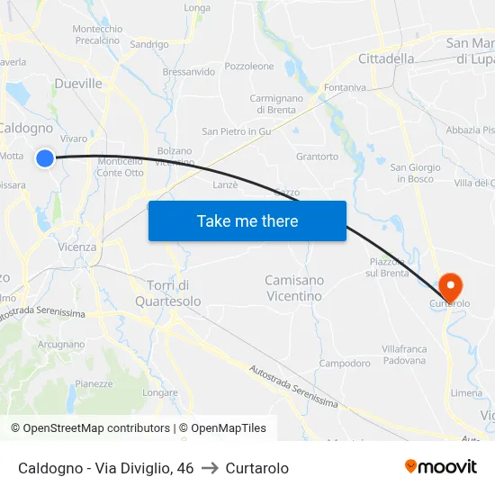 Caldogno - Via Diviglio, 46 to Curtarolo map