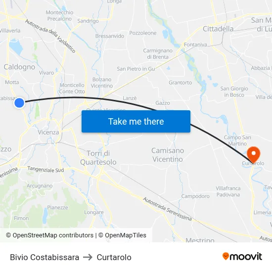 Costabissara Junction to Curtarolo map