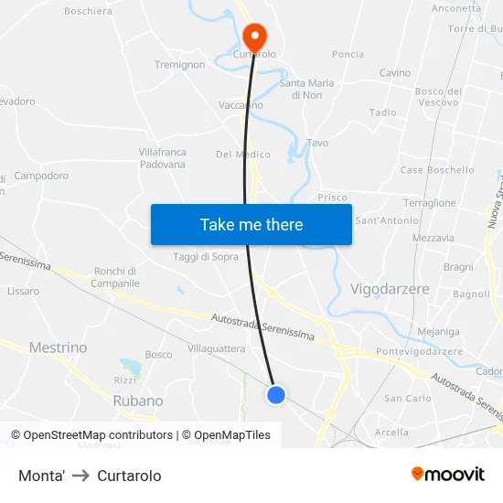 Monta' to Curtarolo map