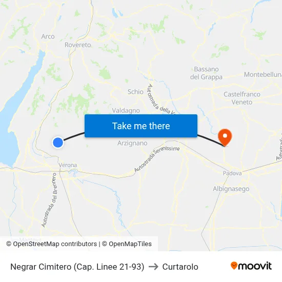 Negrar Cemetery (Lines 21-93 Terminal) to Curtarolo map
