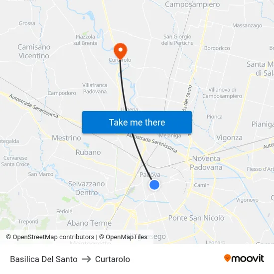 Saint Anthony Basilica to Curtarolo map