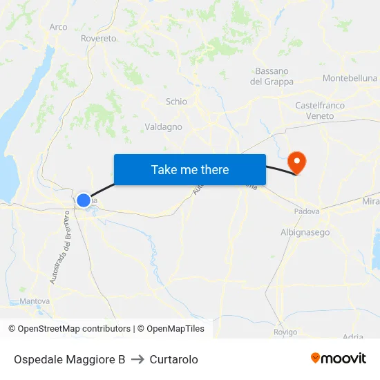 Main Hospital B to Curtarolo map