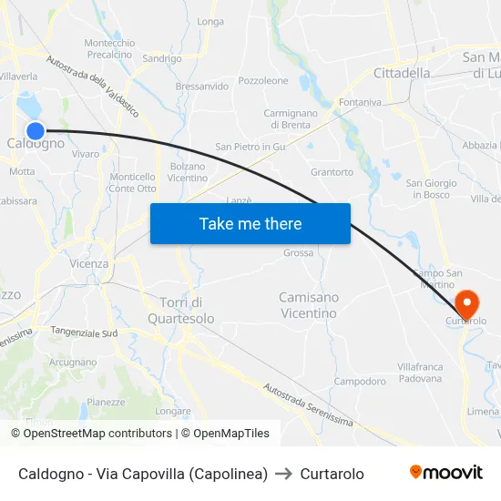 Caldogno - Via Capovilla (Terminal) to Curtarolo map