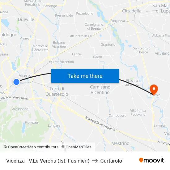 Vicenza - Verona Ave (Fusinieri Institute) to Curtarolo map