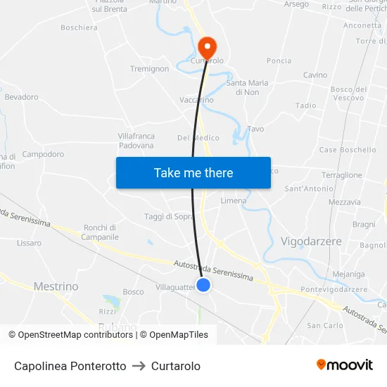 Ponterotto Terminal to Curtarolo map