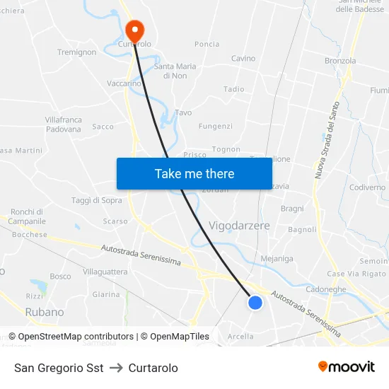 San Gregorio Stop to Curtarolo map