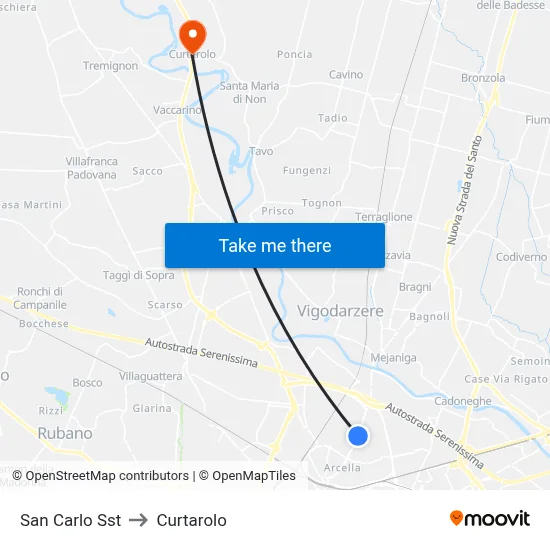 San Carlo Station to Curtarolo map