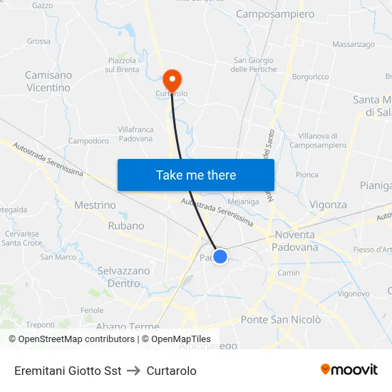 Eremitani Giotto Station to Curtarolo map