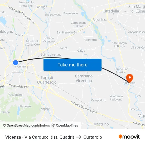 Vicenza - Via Carducci (Quadri Institute) to Curtarolo map