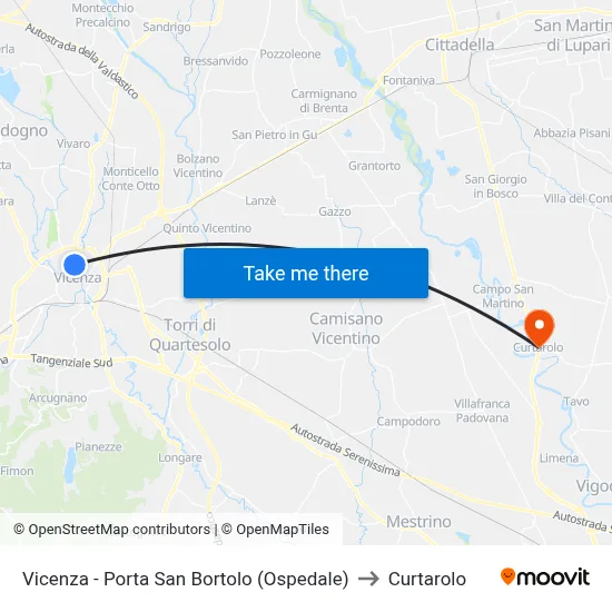 Vicenza - San Bortolo Gate (Hospital) to Curtarolo map