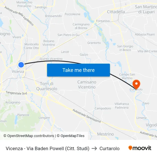 Vicenza - Via Baden Powell (University Campus) to Curtarolo map