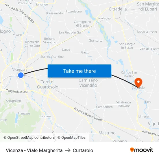 Vicenza - Margherita Avenue to Curtarolo map