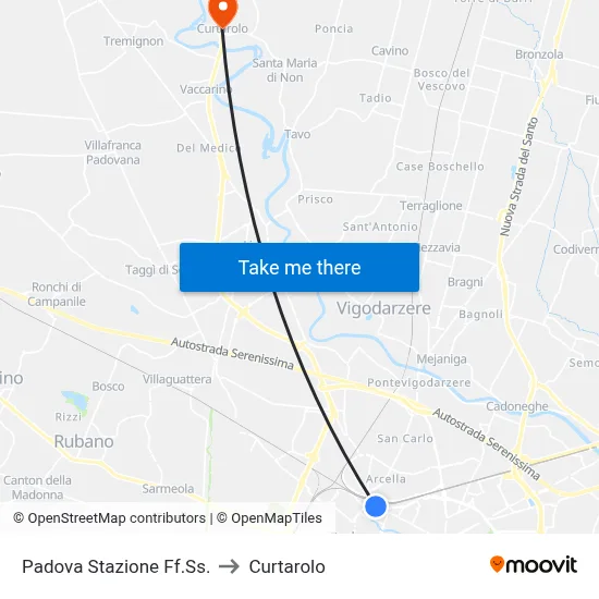 Padua Railway Station to Curtarolo map