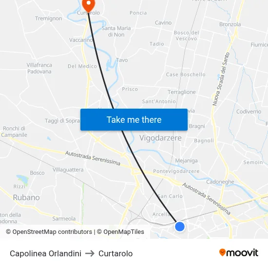 Orlandini Terminal to Curtarolo map