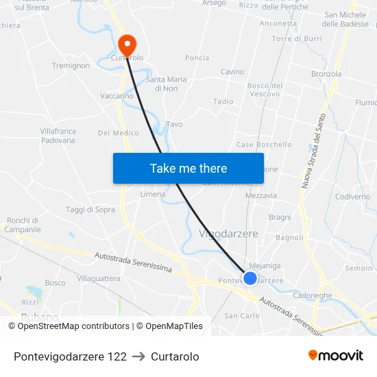 122 Pontevigodarzere to Curtarolo map