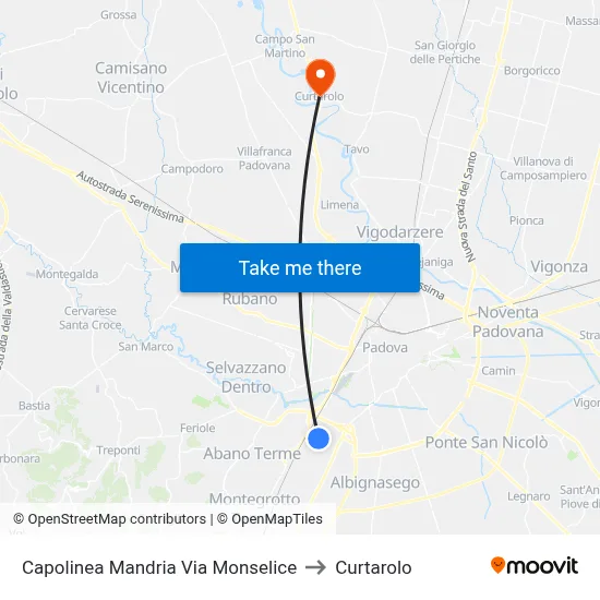 Mandria Via Monselice Terminal to Curtarolo map