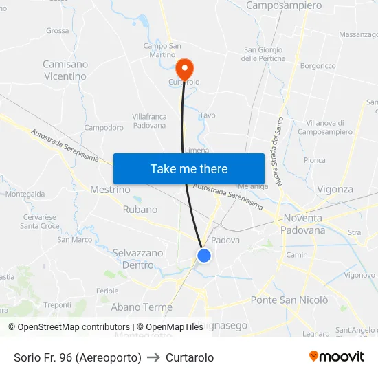 Sorio No. 96 (Airport) to Curtarolo map