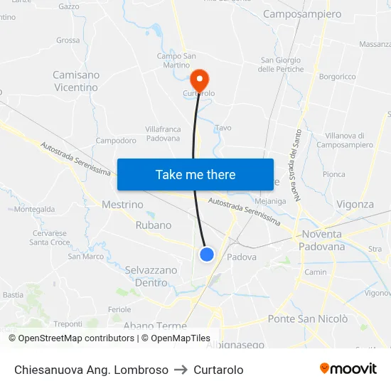 Chiesanuova Corner Lombroso to Curtarolo map