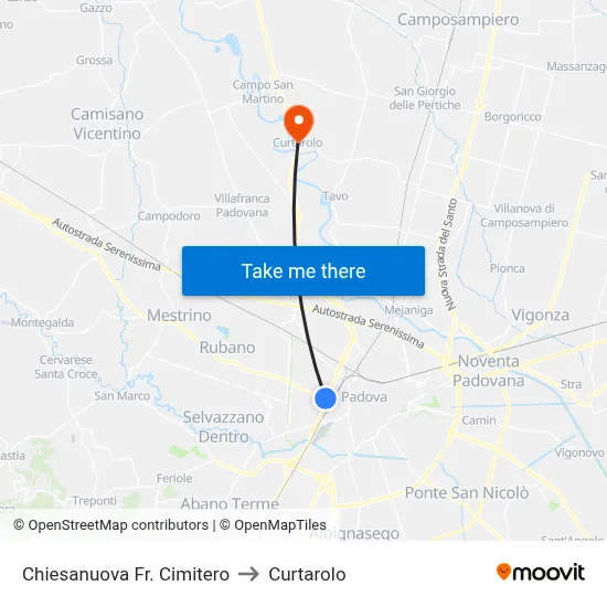 Chiesanuova Cemetery to Curtarolo map