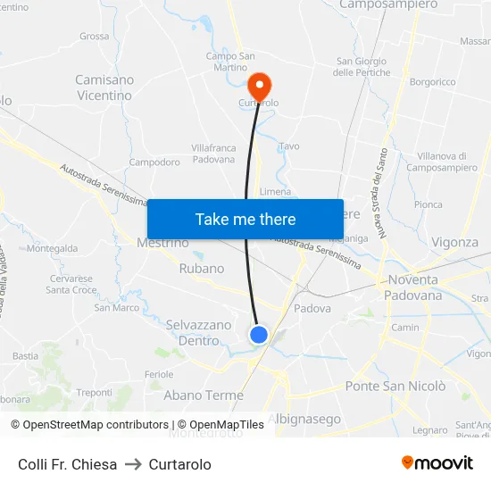 Colli Church to Curtarolo map