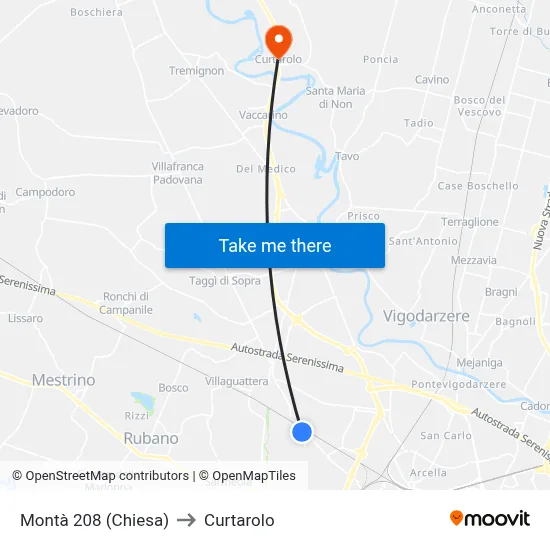 Montà 208 (Church) to Curtarolo map