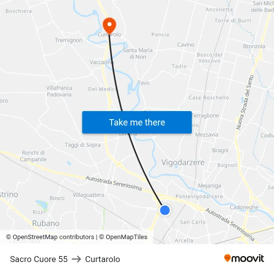 Sacro Cuore 55 to Curtarolo map