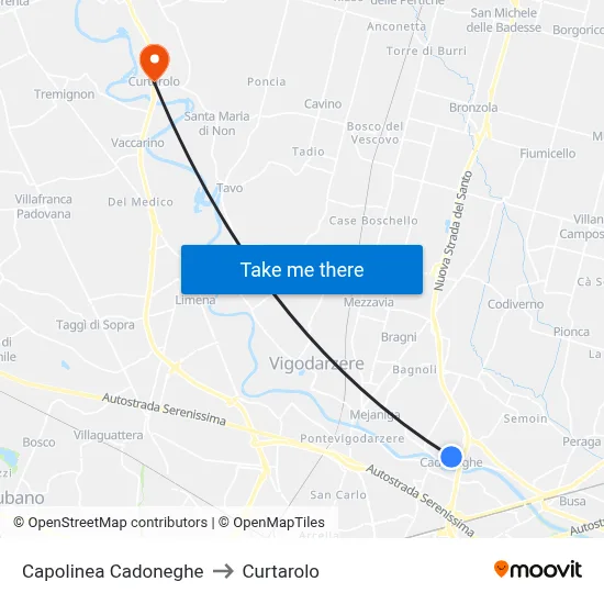 Cadoneghe Terminal to Curtarolo map