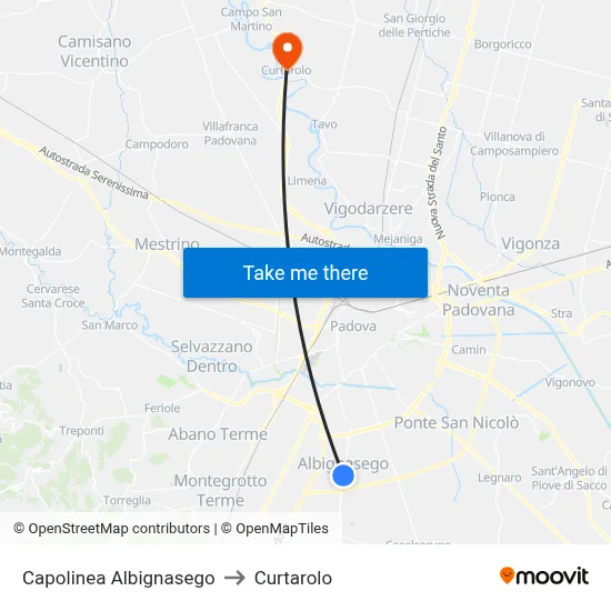 Albignasego Terminal to Curtarolo map