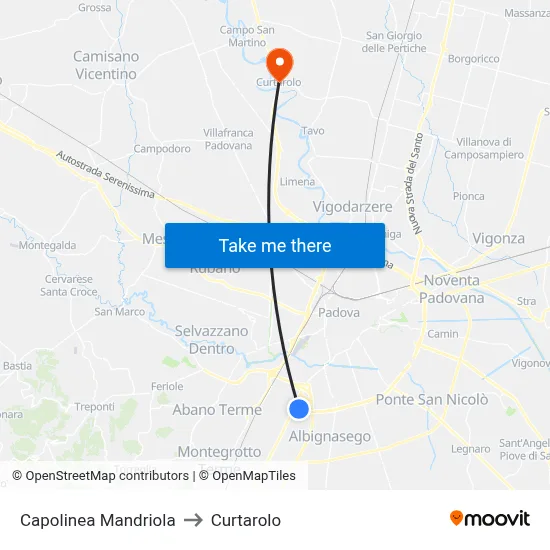 Mandriola Terminal to Curtarolo map