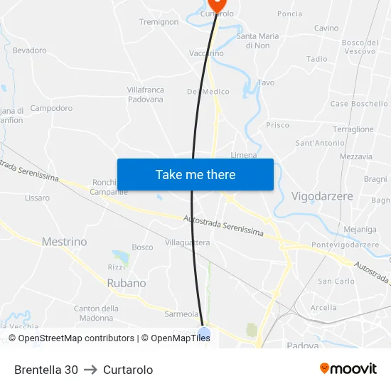 Brentella 30 to Curtarolo map