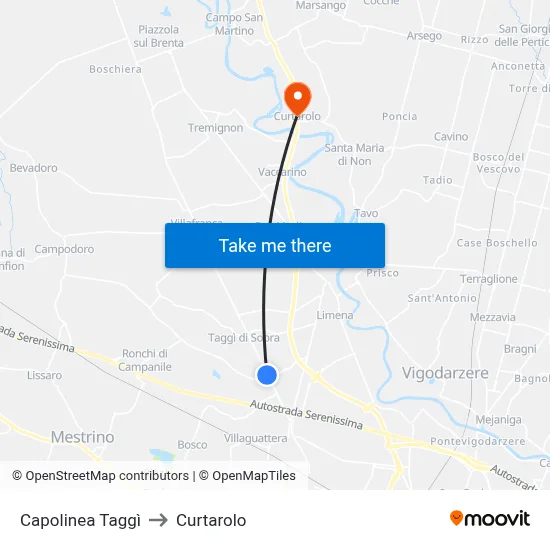Taggì Terminal to Curtarolo map