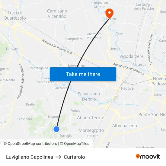 Luvigliano Terminal to Curtarolo map