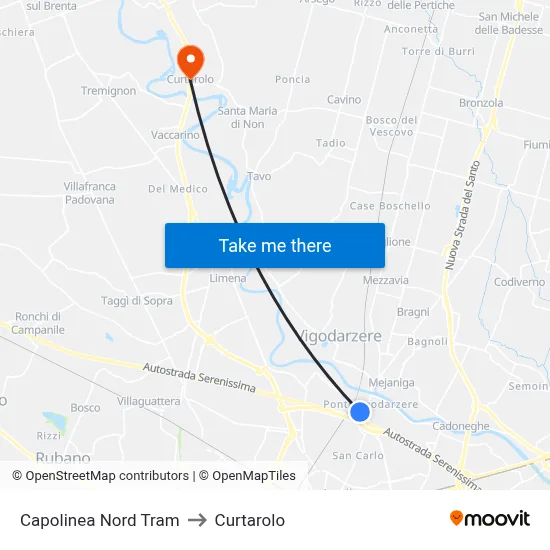 North Tram Terminal to Curtarolo map