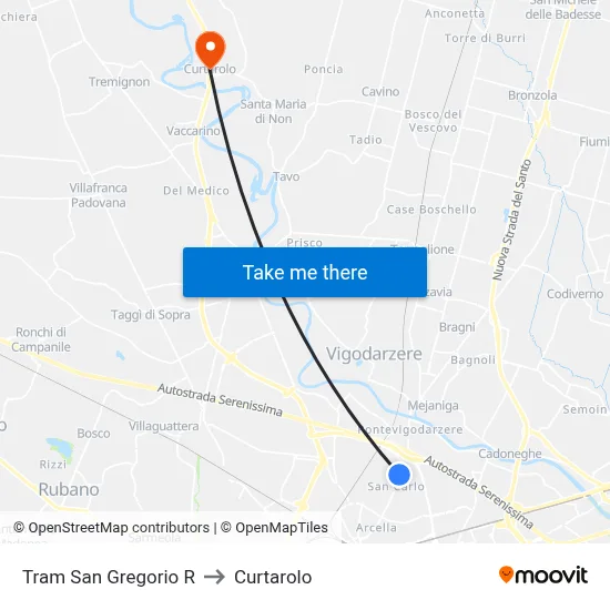 San Gregorio Tram R to Curtarolo map
