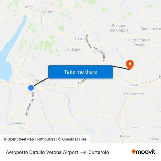 Catullo Verona Airport to Curtarolo map
