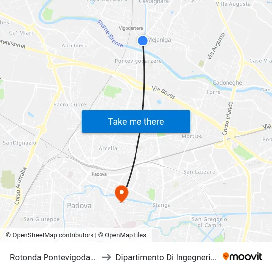 Pontevigodarzere Roundabout F.T. to Chemical Engineering Department map