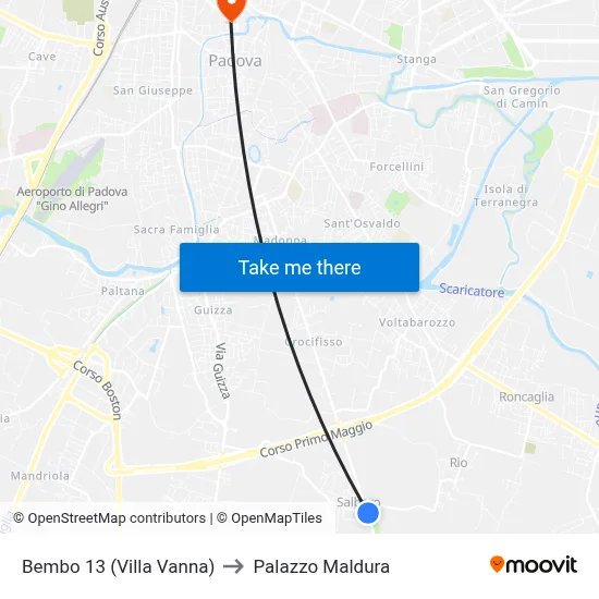 Bembo 13 (Villa Vanna) to Maldura Palace map