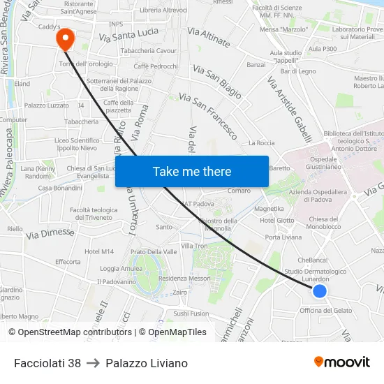 Facciolati 38 to Liviano Palace map