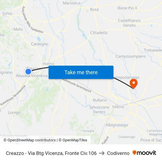 Creazzo - Via Battalion Vicenza, Opposite 106 to Codiverno map