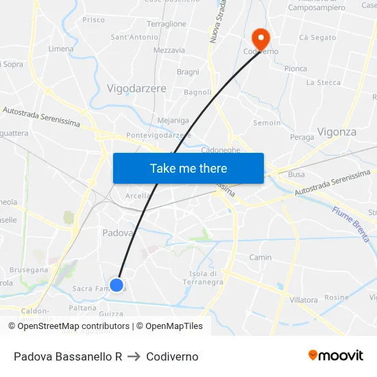 Padova Bassanello R to Codiverno map