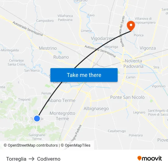 Torreglia to Codiverno map