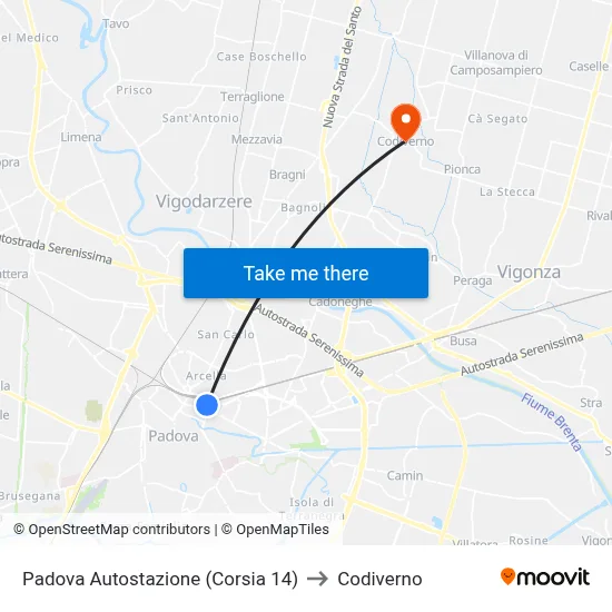 Padova Bus Station (Lane 14) to Codiverno map