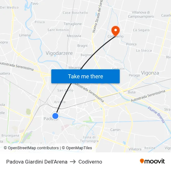 Padova Arena Gardens to Codiverno map