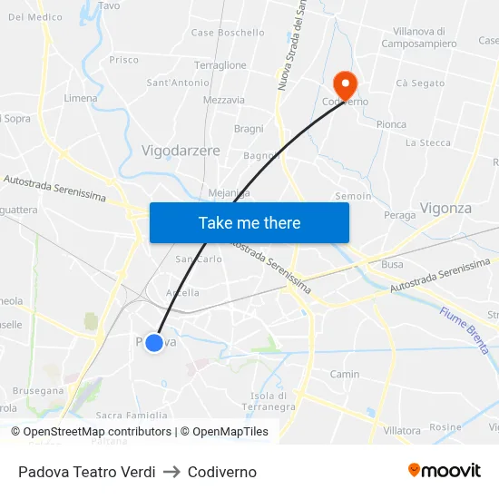 Padova Teatro Verdi to Codiverno map