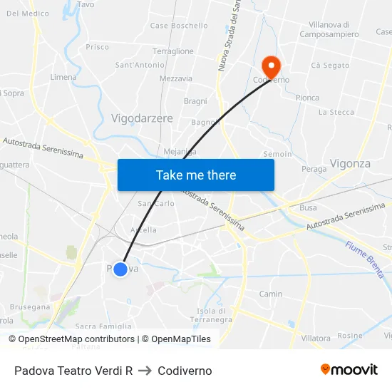 Padua Verdi Theater R to Codiverno map