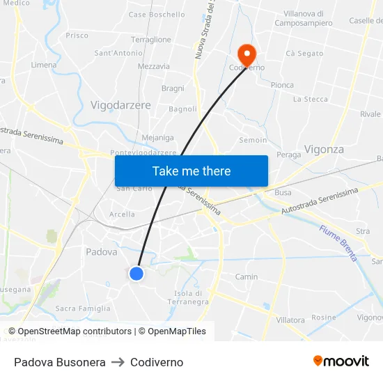 Padova Busonera to Codiverno map