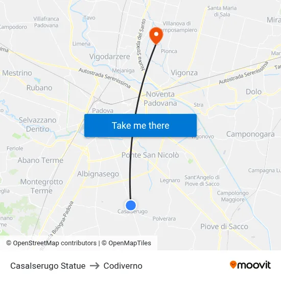 Casalserugo Statue to Codiverno map