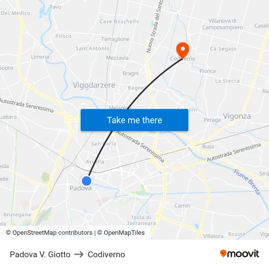 Padova Via Giotto to Codiverno map