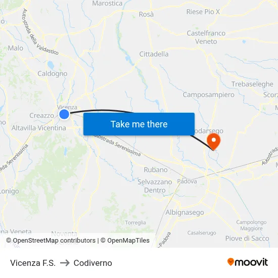 Vicenza Station to Codiverno map