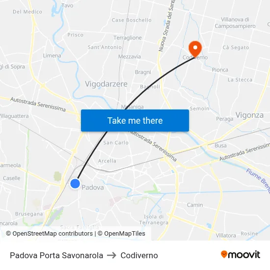 Padua Porta Savonarola to Codiverno map